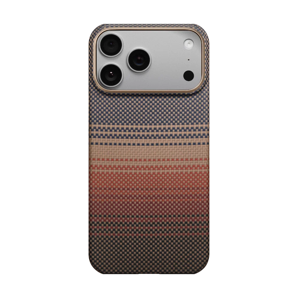 Apple iPhone 17 Pro Kılıf M-safe Şarj Özellikli Aramid Fiber Pitaka Tactile Woven Sunset-Moonrise Serisi Kapak Kahverengi