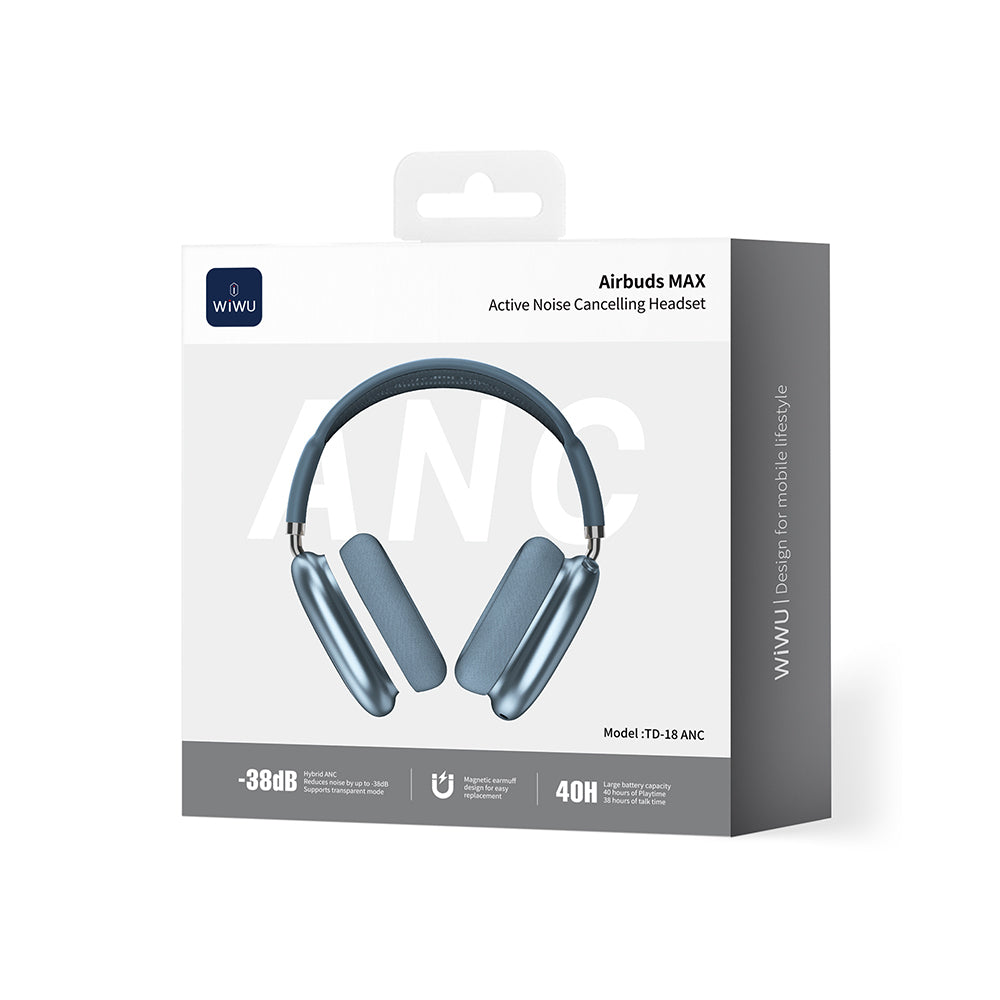 Wiwu Airbuds Max TD-18 ANC Aktif Gürültü Önleyicili Kulak Üstü Bluetooth Kulaklık v6.0 Mavi