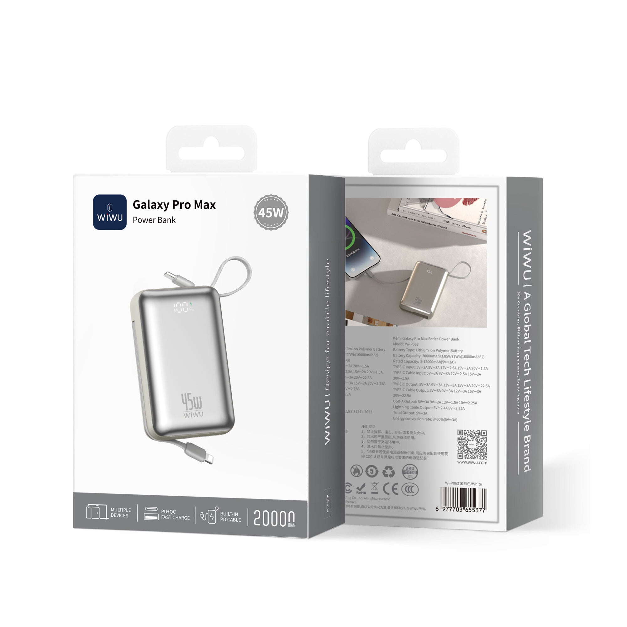 Wiwu AS-182 Galaxy Pro Max Serisi Type-C Lightning Çıkışlı Taşınabilir Powerbank PD 45W 20000mAh Gümüş
