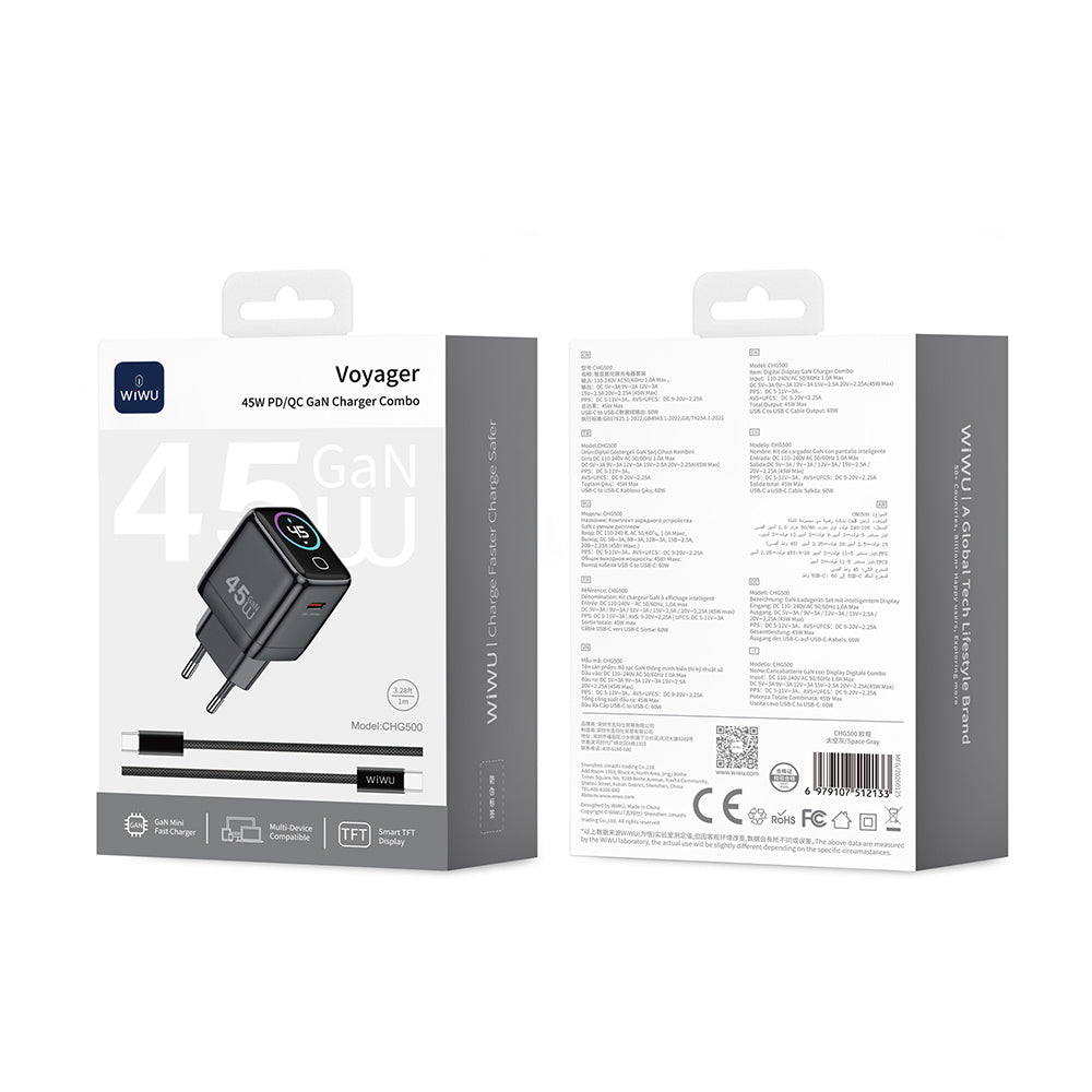 Wiwu CHG500 Voyager Serisi GaN Teknolojili PD/QC TFT Göstergeli Hızlı Şarj Başlığı 45W Siyah