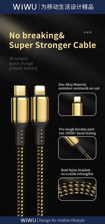 Wiwu Golden Series GD-103 Lightning To PD Data Kablo 5M Gold