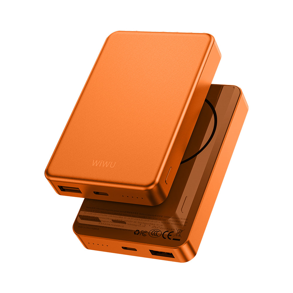 Wiwu P15-1 LED Işık Göstergeli Ultra İnce PD 20W Kablosuz Powerbank 10000mAh 15W Turuncu