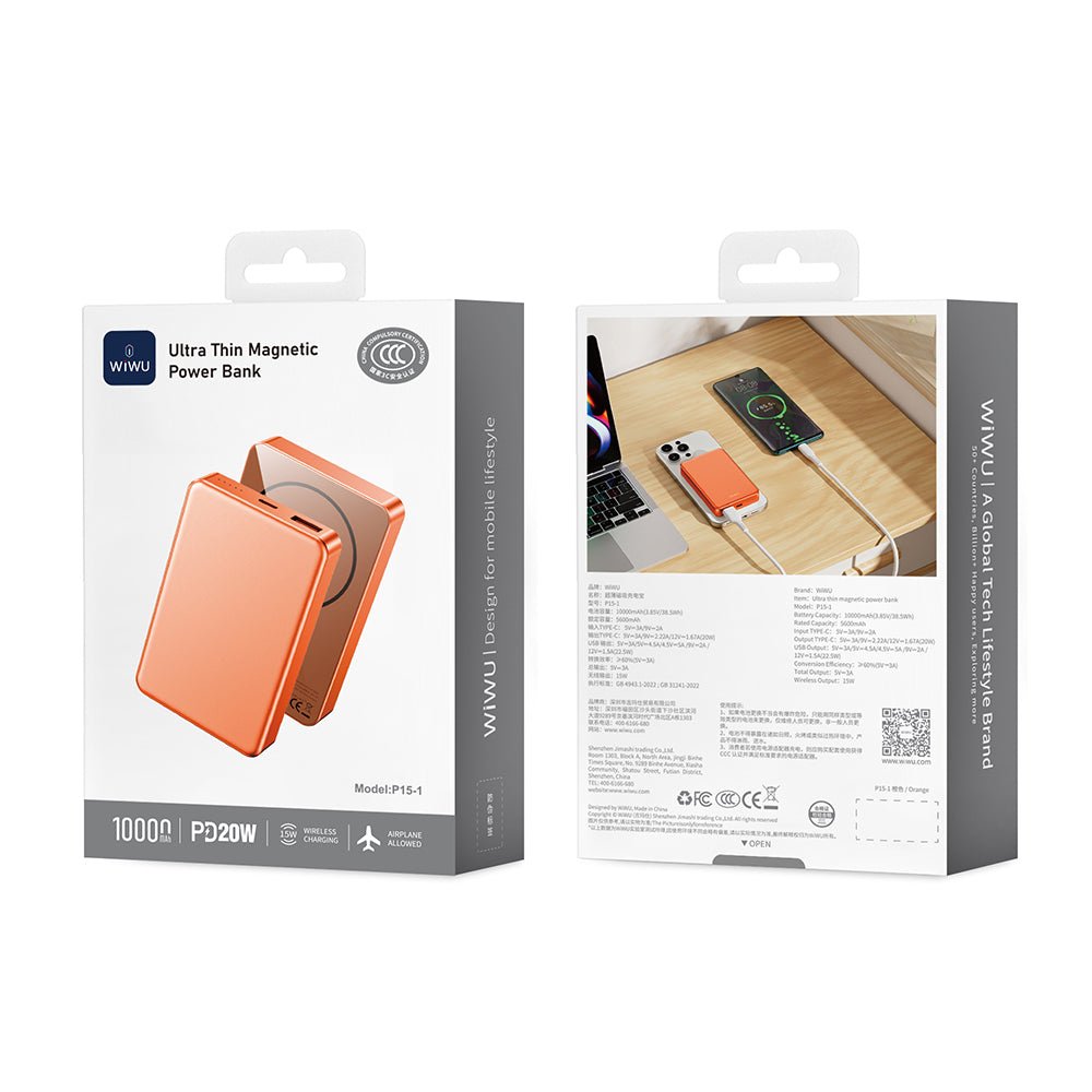 Wiwu P15-1 LED Işık Göstergeli Ultra İnce PD 20W Kablosuz Powerbank 10000mAh 15W Turuncu