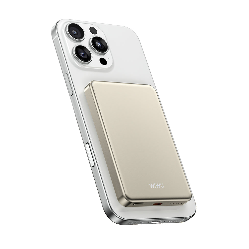 Wiwu P15 LED Işık Göstergeli Ultra İnce PD 20W Kablosuz Powerbank 5000mAh 15W Titanyum-Gold