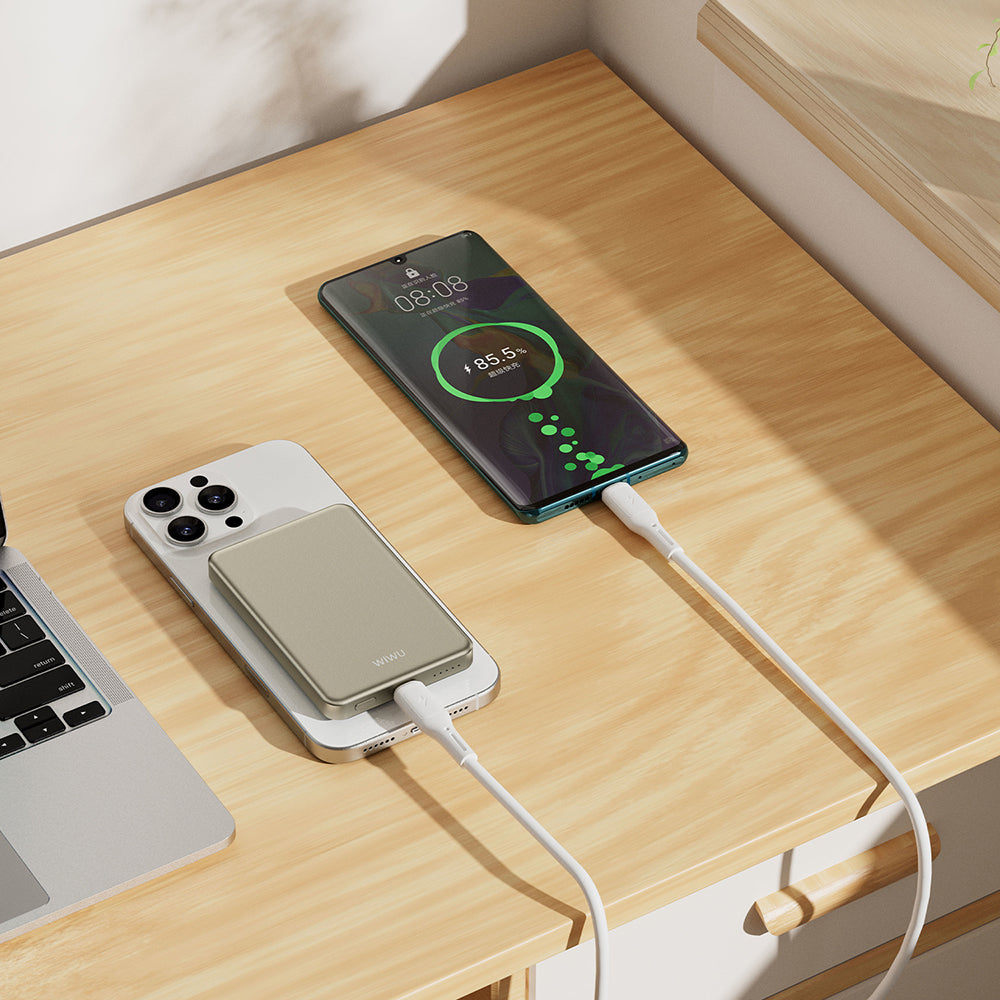 Wiwu P15 LED Işık Göstergeli Ultra İnce PD 20W Kablosuz Powerbank 5000mAh 15W Titanyum-Gold