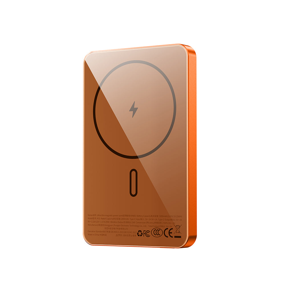 Wiwu P15 LED Işık Göstergeli Ultra İnce PD 20W Kablosuz Powerbank 5000mAh 15W Turuncu