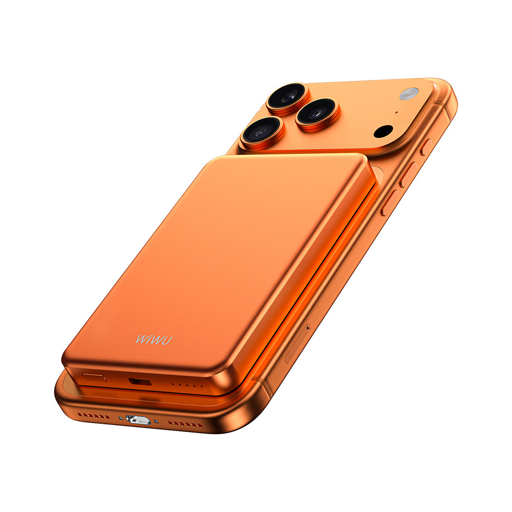 Wiwu P15 LED Işık Göstergeli Ultra İnce PD 20W Kablosuz Powerbank 5000mAh 15W Turuncu