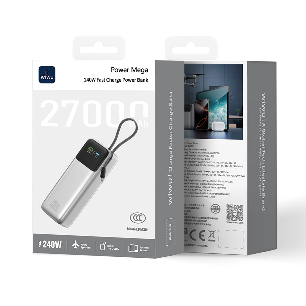 Wiwu PM-201 Power Mega Serisi Type-C Çıkışlı Taşınabilir Powerbank PD 240W 27000mAh Gümüş