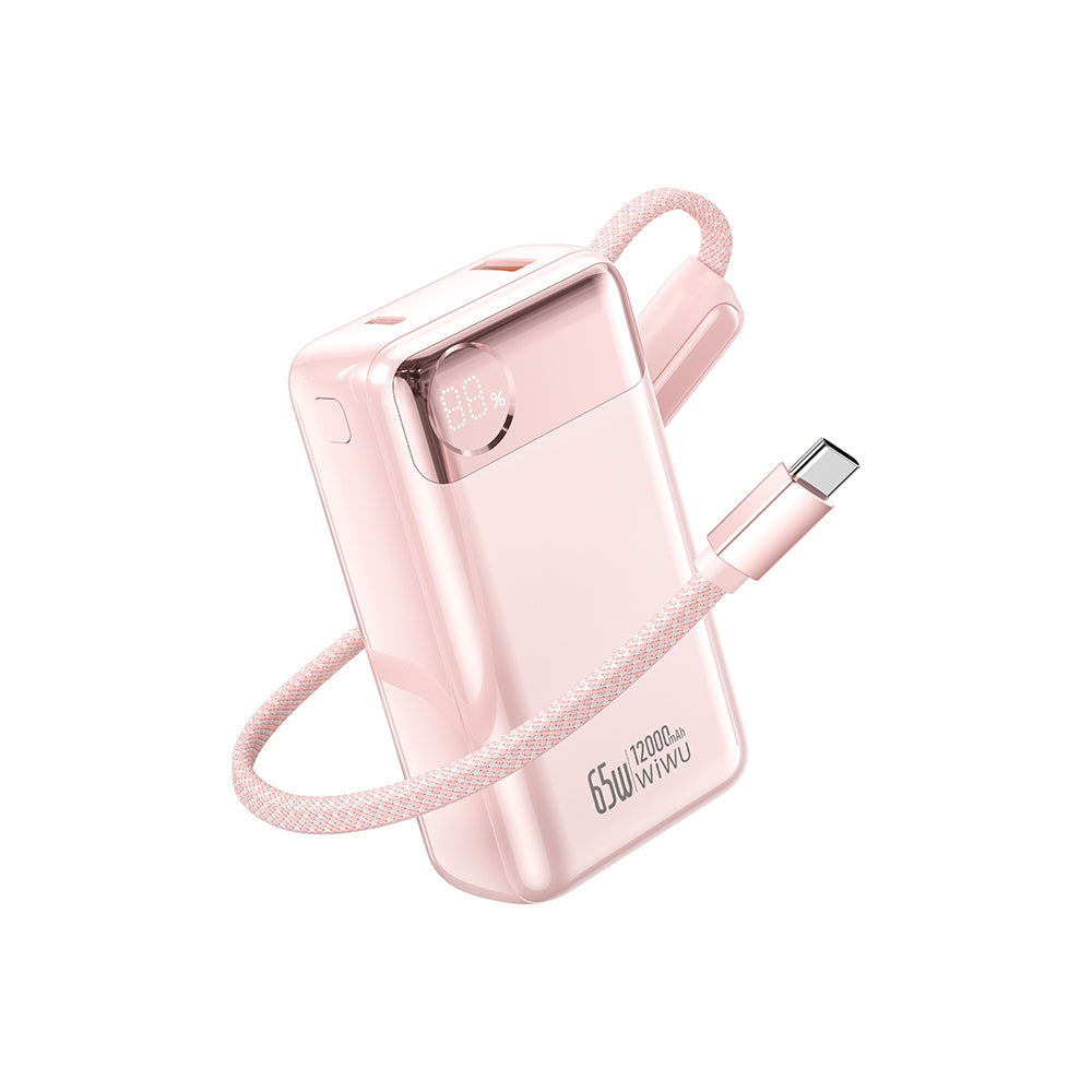 Wiwu T132 Power Plus Serisi Type-C Kablolu PD Powerbank 65W 12000mAh Pembe