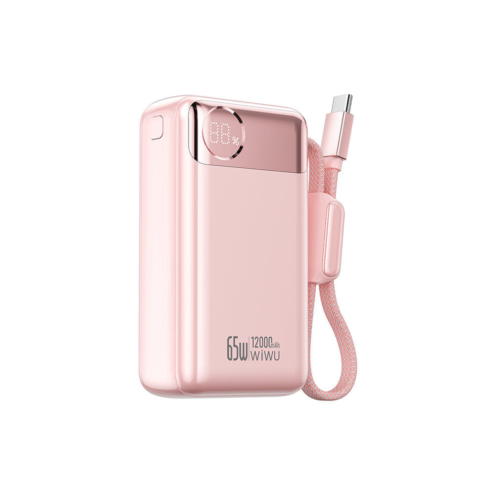 Wiwu T132 Power Plus Serisi Type-C Kablolu PD Powerbank 65W 12000mAh Pembe