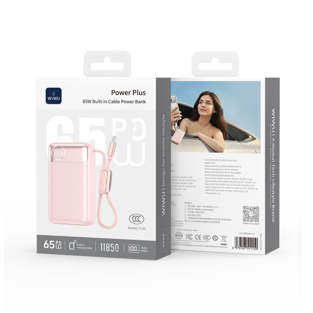 Wiwu T132 Power Plus Serisi Type-C Kablolu PD Powerbank 65W 12000mAh Pembe