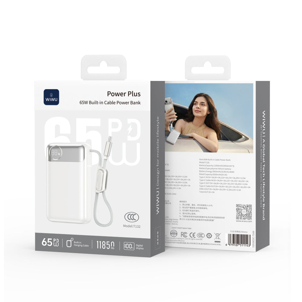 Wiwu T132 Power Plus Serisi Type-C Kablolu PD Powerbank 65W 12000mAh Beyaz