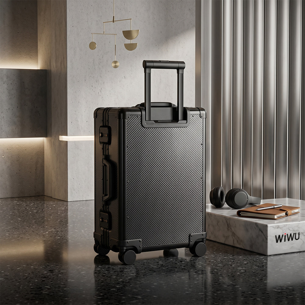 Wiwu Warriors Carbon Serisi Parmak İzi Kilitli Kevlar Aramid Fiber Tekerlekli Bavul 26 İnç Siyah