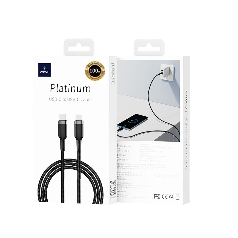 Wiwu Wi-C013 Platinum Serisi Type-C to Type-C Hızlı Şarj Özellikli Data ve Şarj Kablosu 100W 2M Siyah