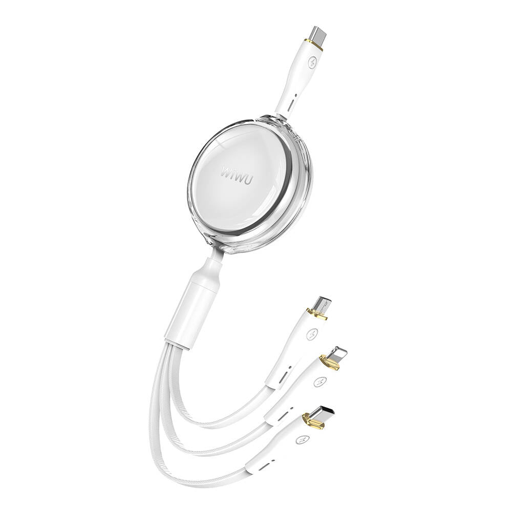 Wiwu Wi-C023 Vigor Serisi 3in1 Type-C Lightning Micro USB Makaralı Data ve Şarj Kablosu 100W 1.5M Beyaz
