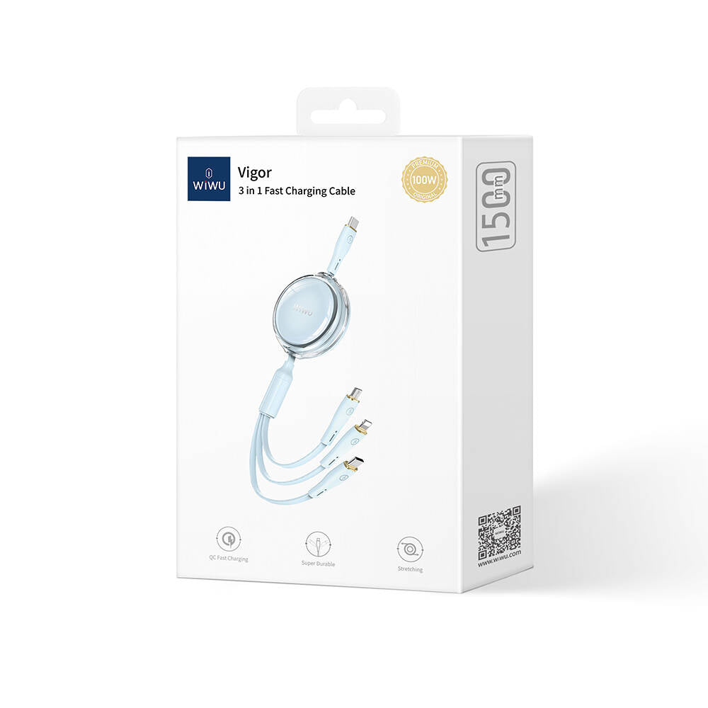 Wiwu Wi-C023 Vigor Serisi 3in1 Type-C Lightning Micro USB Makaralı Data ve Şarj Kablosu 100W 1.5M Mavi