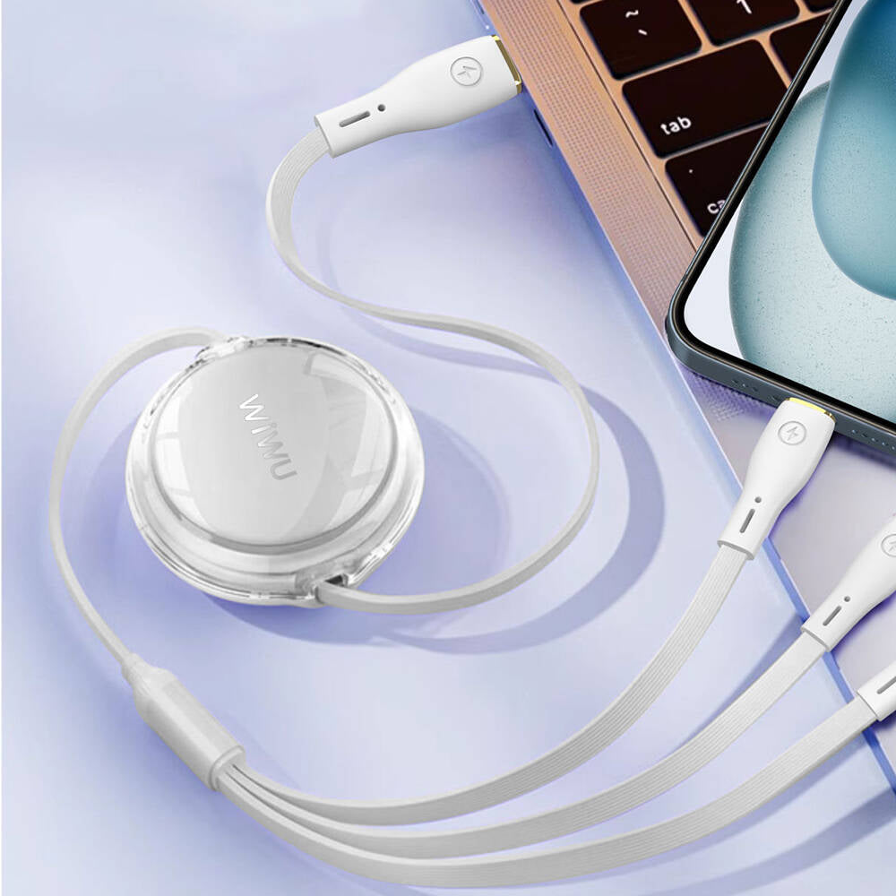 Wiwu Wi-C023 Vigor Serisi 3in1 Type-C Lightning Micro USB Makaralı Data ve Şarj Kablosu 100W 1.5M Mavi