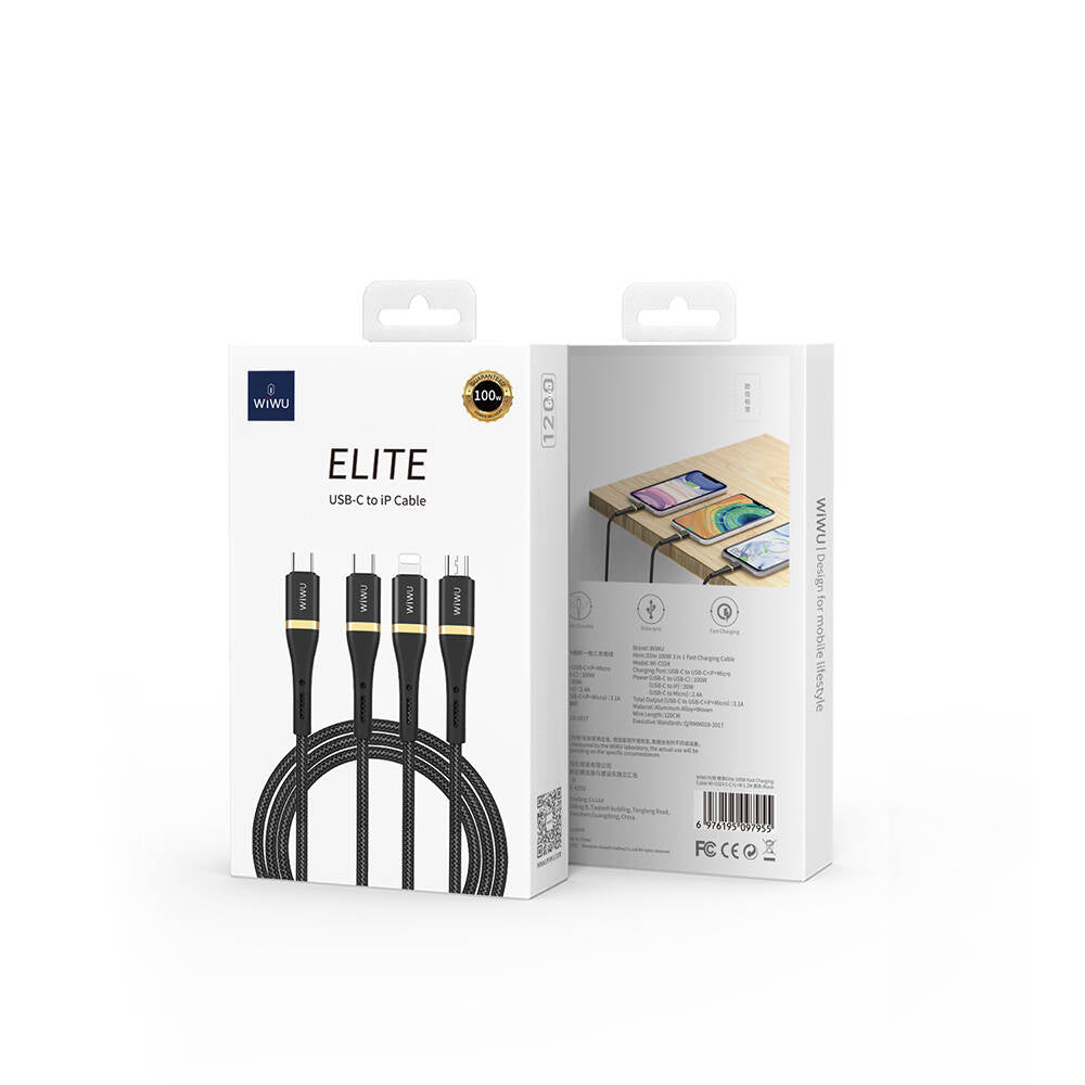Wiwu Wi-C024 Elite Serisi 3in1 Type-C to Lightning – Type-C – Micro USB Ultra Hızlı Şarj Kablosu 100W 1.2M Siyah