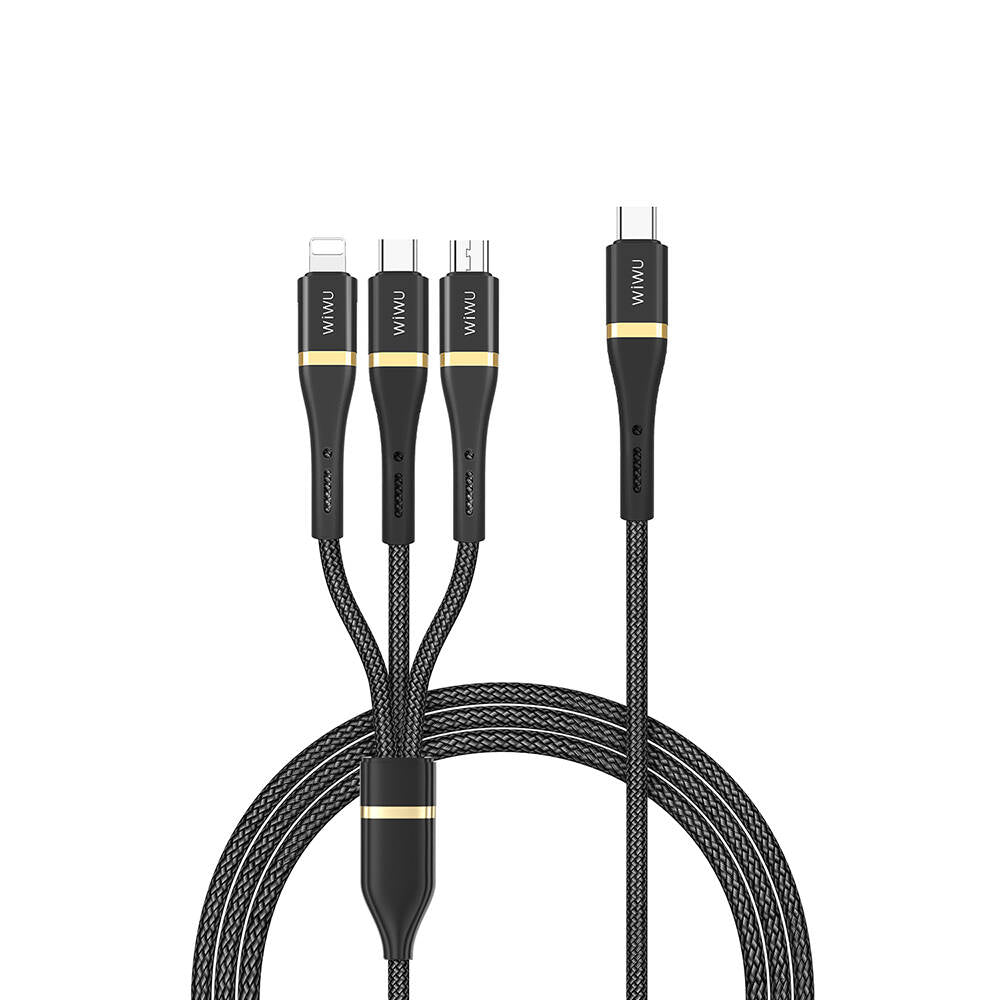 Wiwu Wi-C024 Elite Serisi 3in1 Type-C to Lightning – Type-C – Micro USB Ultra Hızlı Şarj Kablosu 100W 1.2M Siyah