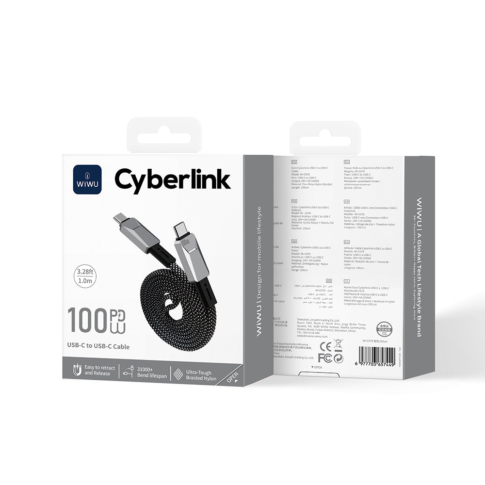 Wiwu Wi-C078 Cyberlink Serisi Type-C to Type-C PD Hızlı Şarj Özellikli Data ve Şarj Kablosu 100W 1M Gümüş