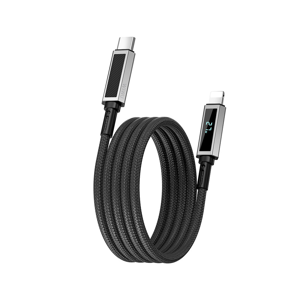 Wiwu Wi-C080 Warriors Serisi Aramid Fiber Dijital LED Göstergeli Type-C to Lightning PD Data ve Şarj Kablosu 27W 1M Siyah