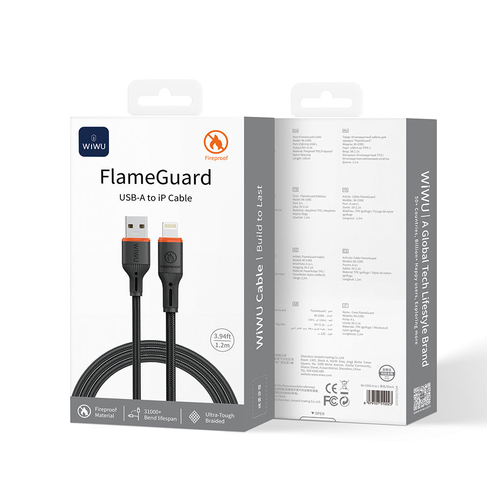 Wiwu Wi-C095 FlameGuard Serisi USB-A to Lightning Data ve Şarj Kablosu 1.2M Gri