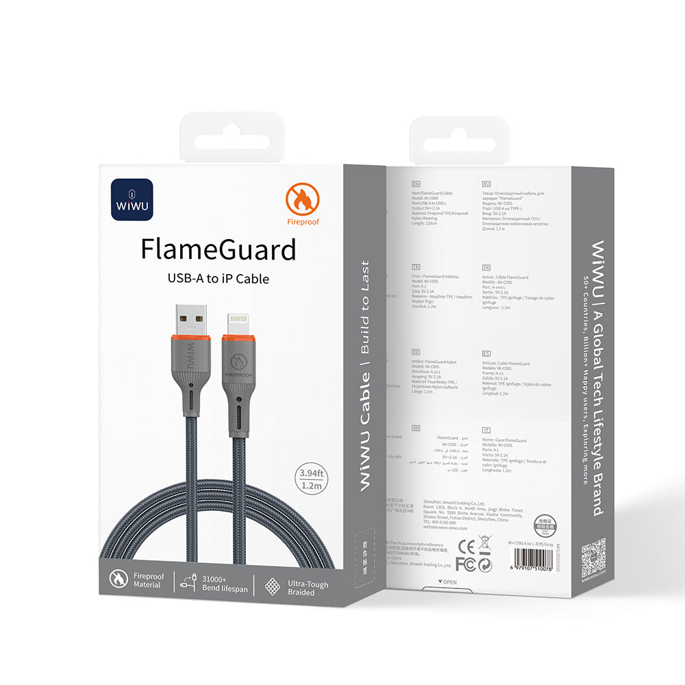 Wiwu Wi-C095 FlameGuard Serisi USB-A to Lightning Data ve Şarj Kablosu 1.2M Gri