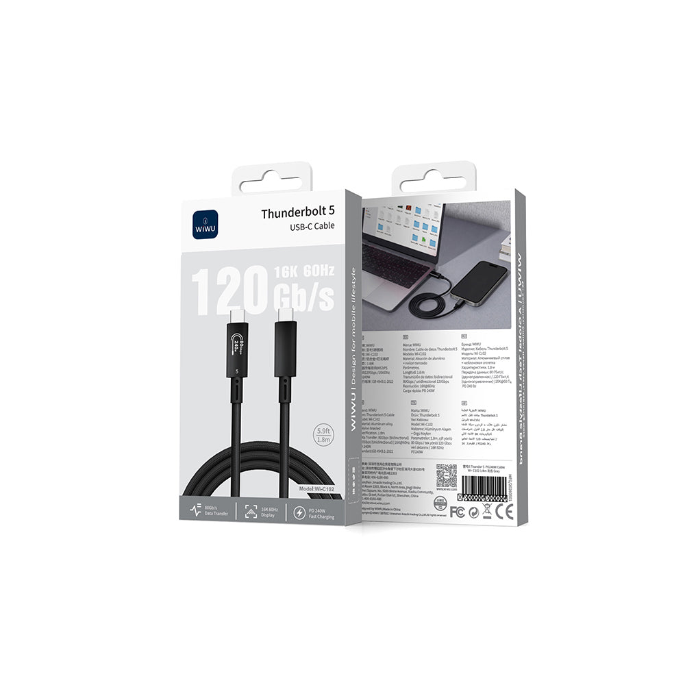 Wiwu Wi-C102 Type-C to Type-C Thunderbolt 5 Kablo 16K Ultra HD 240W 180cm Siyah