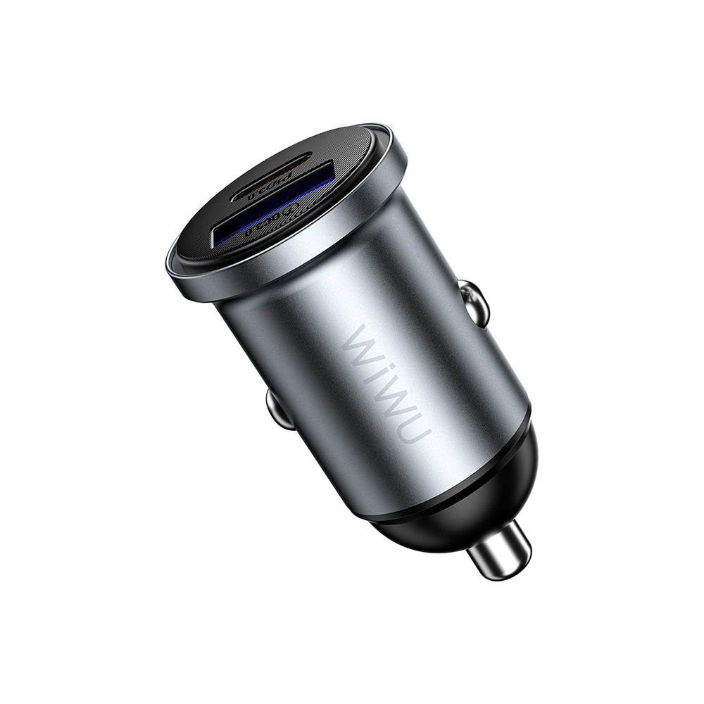 Wiwu Wi-CC030 Nano Lite Serisi Type-C + USB-A Hızlı Şarj Özellikli Akım Korumalı Araç Şarj Aleti PD ve QC3.0 35W Gri