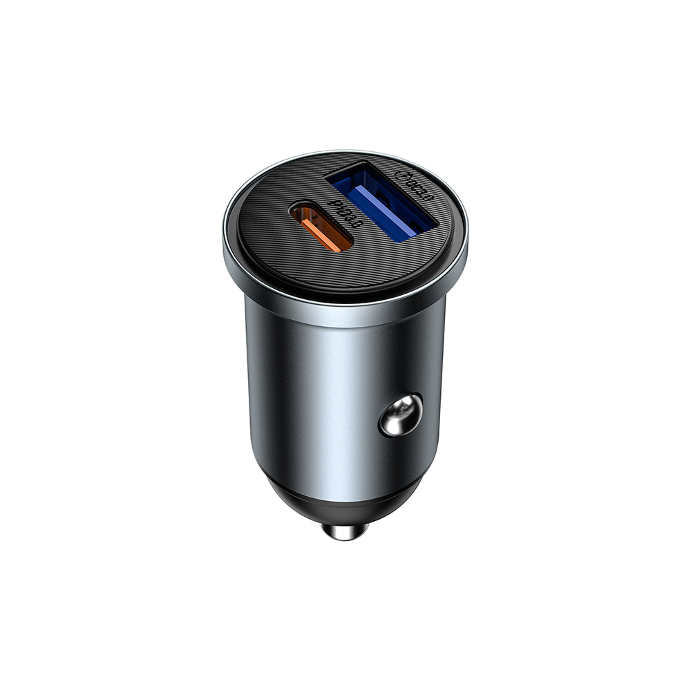 Wiwu Wi-CC030 Nano Lite Serisi Type-C + USB-A Hızlı Şarj Özellikli Akım Korumalı Araç Şarj Aleti PD ve QC3.0 35W Gri