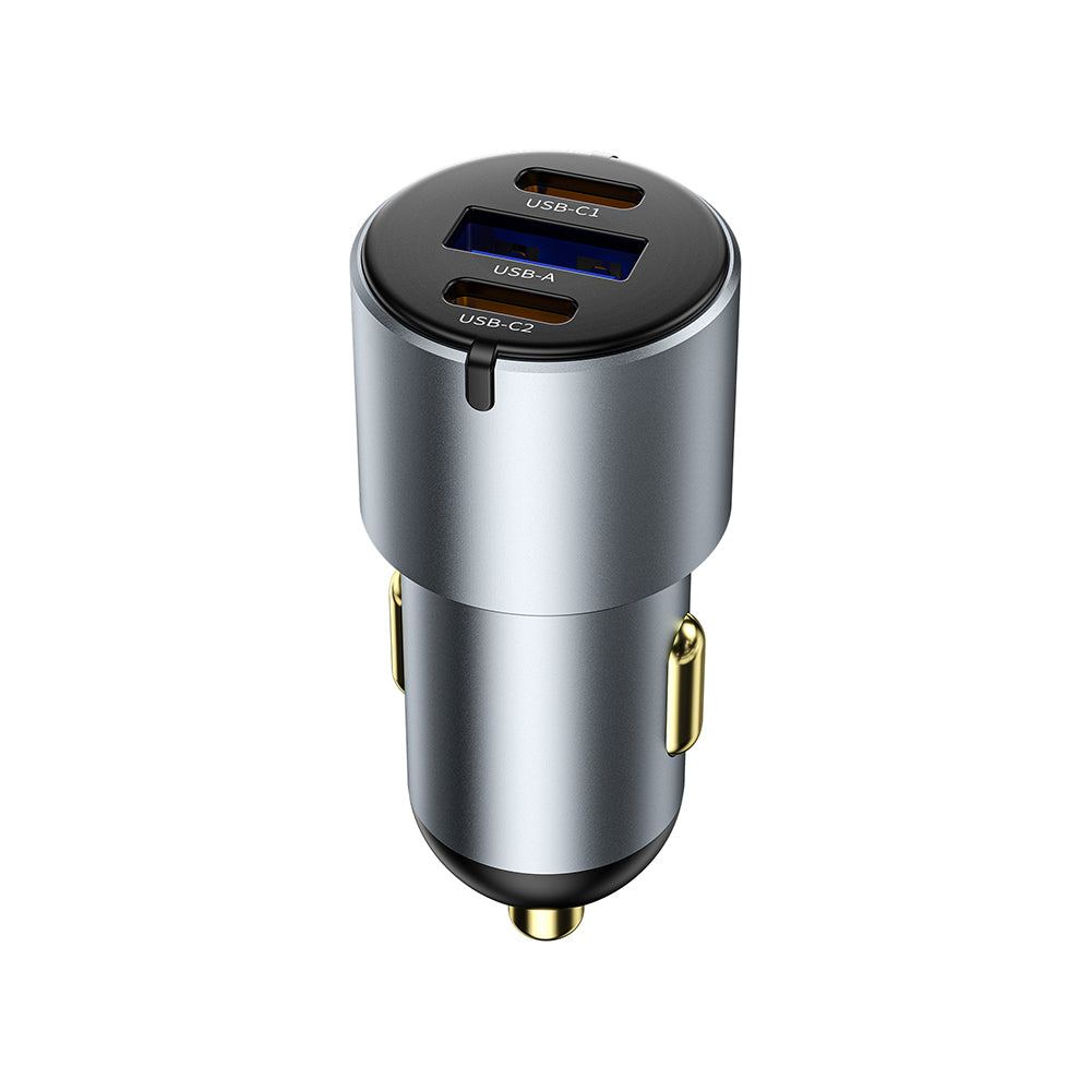 Wiwu Wi-CC032 Nano Pro Serisi Dual Type-C + USB-A Hızlı Şarj Özellikli Akım Korumalı Araç Şarj Aleti PD VE QC3.0 60W Gri