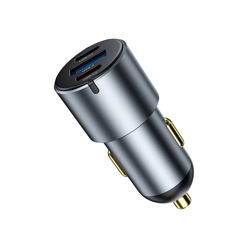 Wiwu Wi-CC032 Nano Pro Serisi Dual Type-C + USB-A Hızlı Şarj Özellikli Akım Korumalı Araç Şarj Aleti PD VE QC3.0 60W Gri