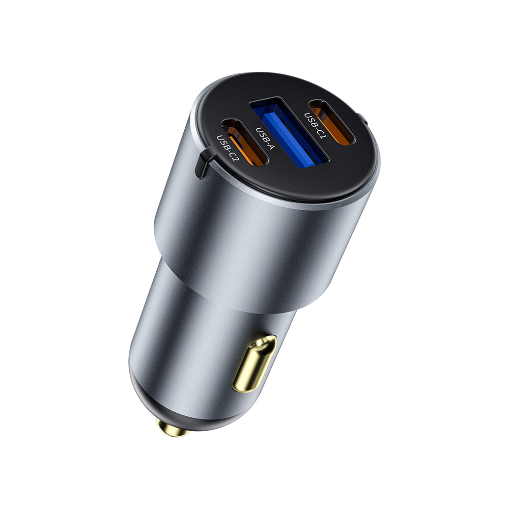 Wiwu Wi-CC032 Nano Pro Serisi Dual Type-C + USB-A Hızlı Şarj Özellikli Akım Korumalı Araç Şarj Aleti PD VE QC3.0 60W Gri