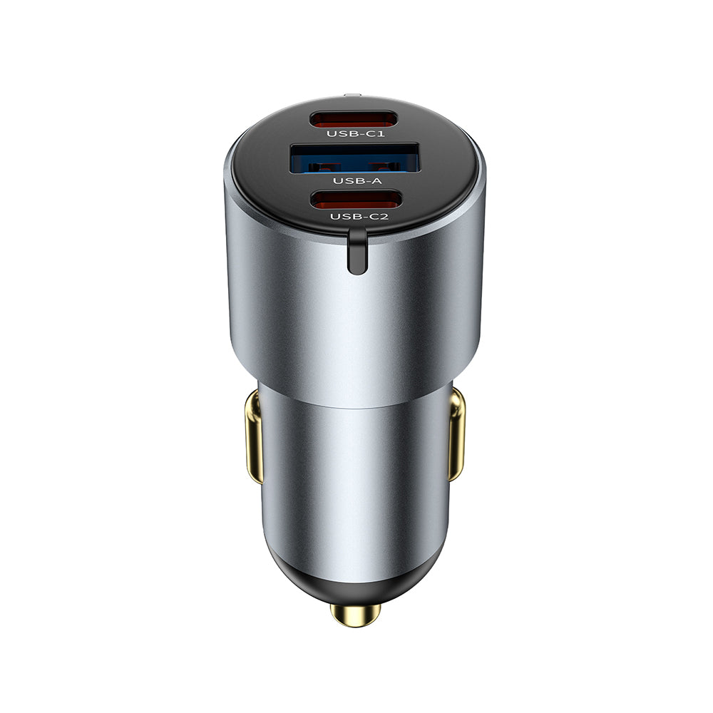 Wiwu Wi-CC032 Nano Pro Serisi Dual Type-C + USB-A Hızlı Şarj Özellikli Akım Korumalı Araç Şarj Aleti PD VE QC3.0 60W Gri