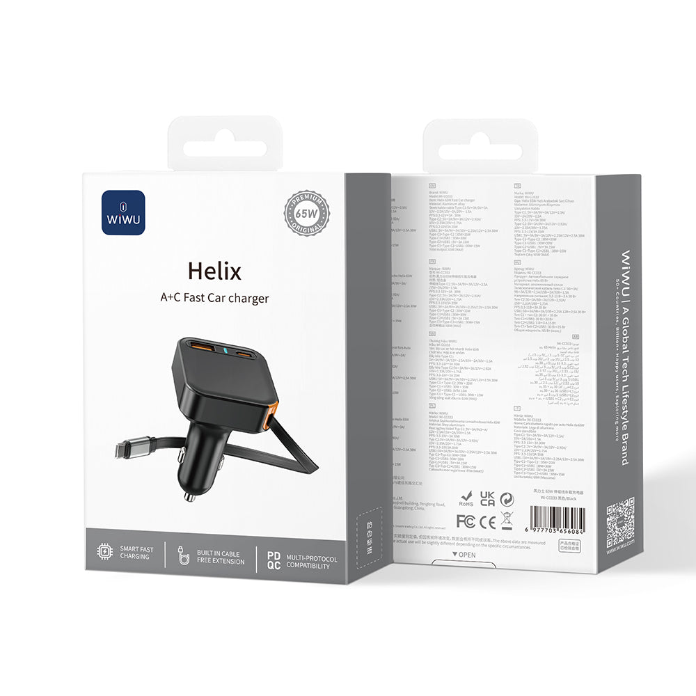 Wiwu Wi-CC033 Type-C + USB-A Hızlı Şarj Özellikli Akım Korumalı Dahili Kablolu Araç Şarj Aleti 65W Siyah