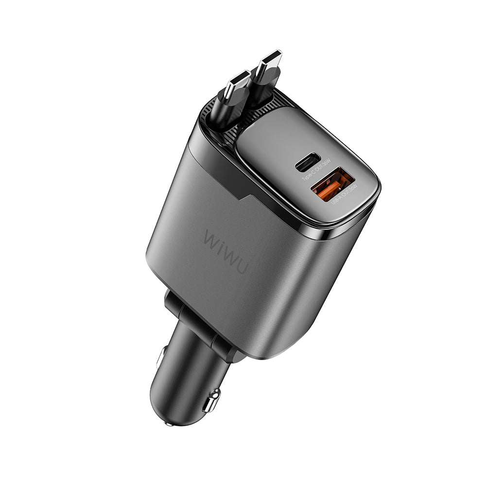 Wiwu Wi-CC034 Type-C + USB-A Hızlı Şarj Özellikli GaN Teknolojili Dahili Kablolu Araç Şarj Aleti 111W Gri