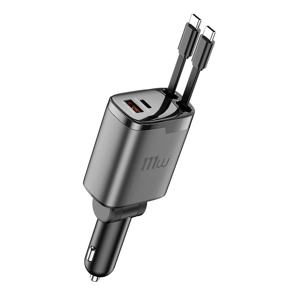 Wiwu Wi-CC034 Type-C + USB-A Hızlı Şarj Özellikli GaN Teknolojili Dahili Kablolu Araç Şarj Aleti 111W Gri