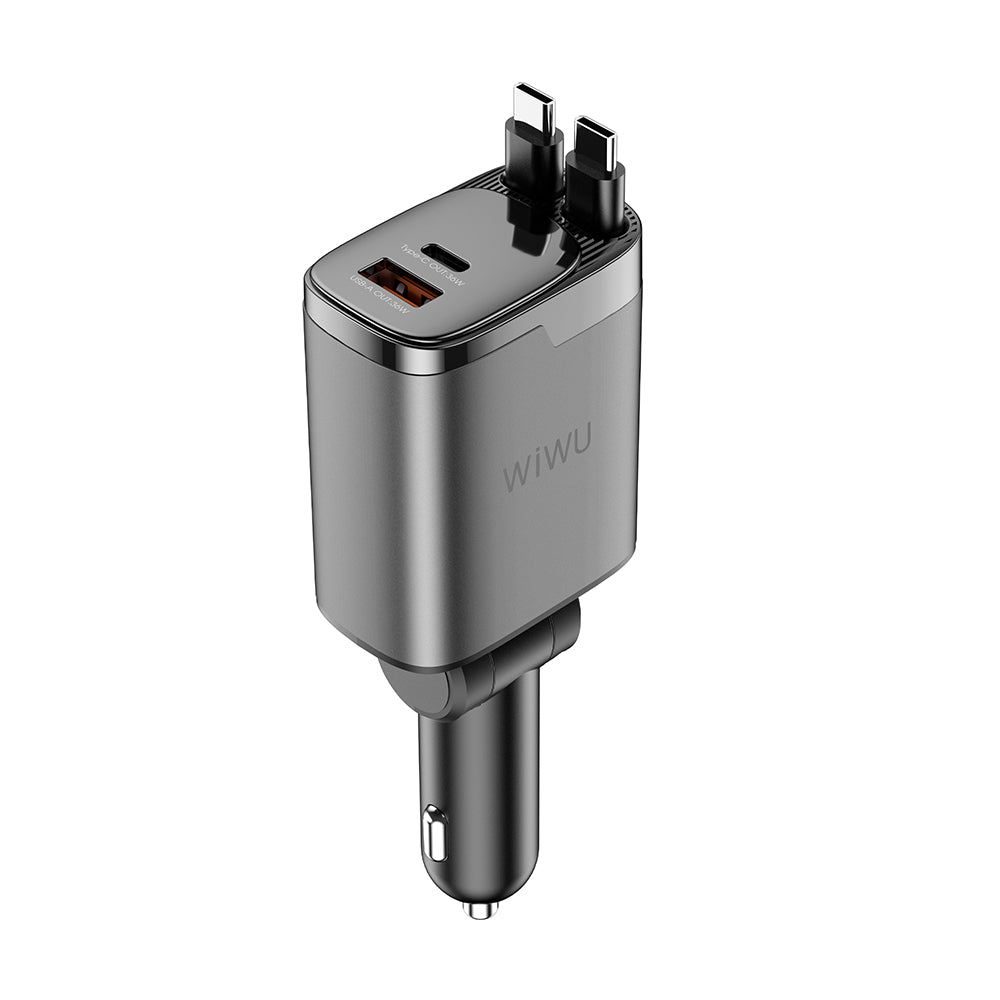 Wiwu Wi-CC034 Type-C + USB-A Hızlı Şarj Özellikli GaN Teknolojili Dahili Kablolu Araç Şarj Aleti 111W Gri
