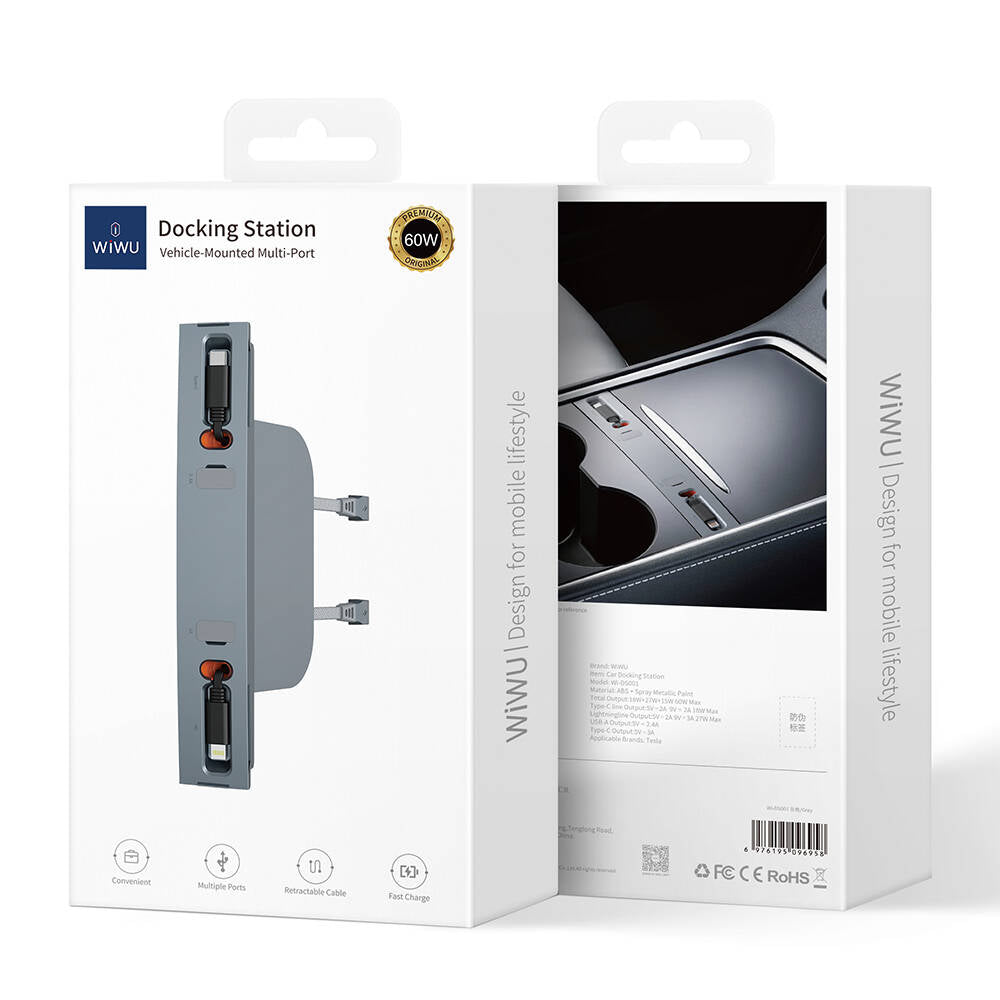 Wiwu Wi-DS001 Tesla Uyumlu Type-C Lightning USB-A Akıllı Araç İçi Şarj İstasyonu 60W Gri
