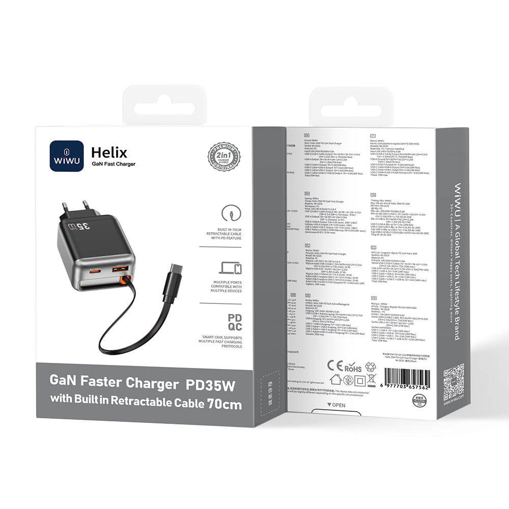 Wiwu Wi-G029 Helix Serisi GaN Teknolojili Hızlı Şarj Başlığı USB-A to Type-C PD 35W Type-C Kablolu Şarj Seti Siyah