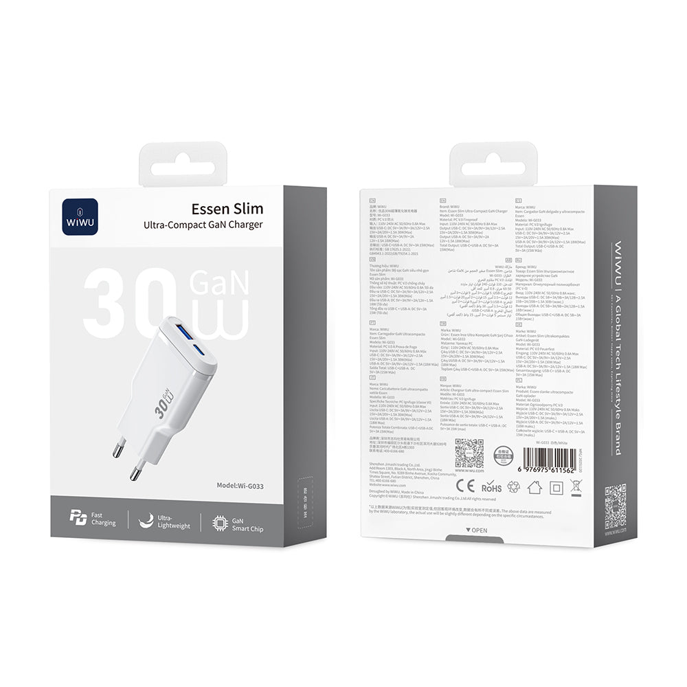 Wiwu Wi-G033 Essen Slim Serisi GaN Tech PD Hızlı Şarj Özellikli Şarj Başlığı 30W Beyaz