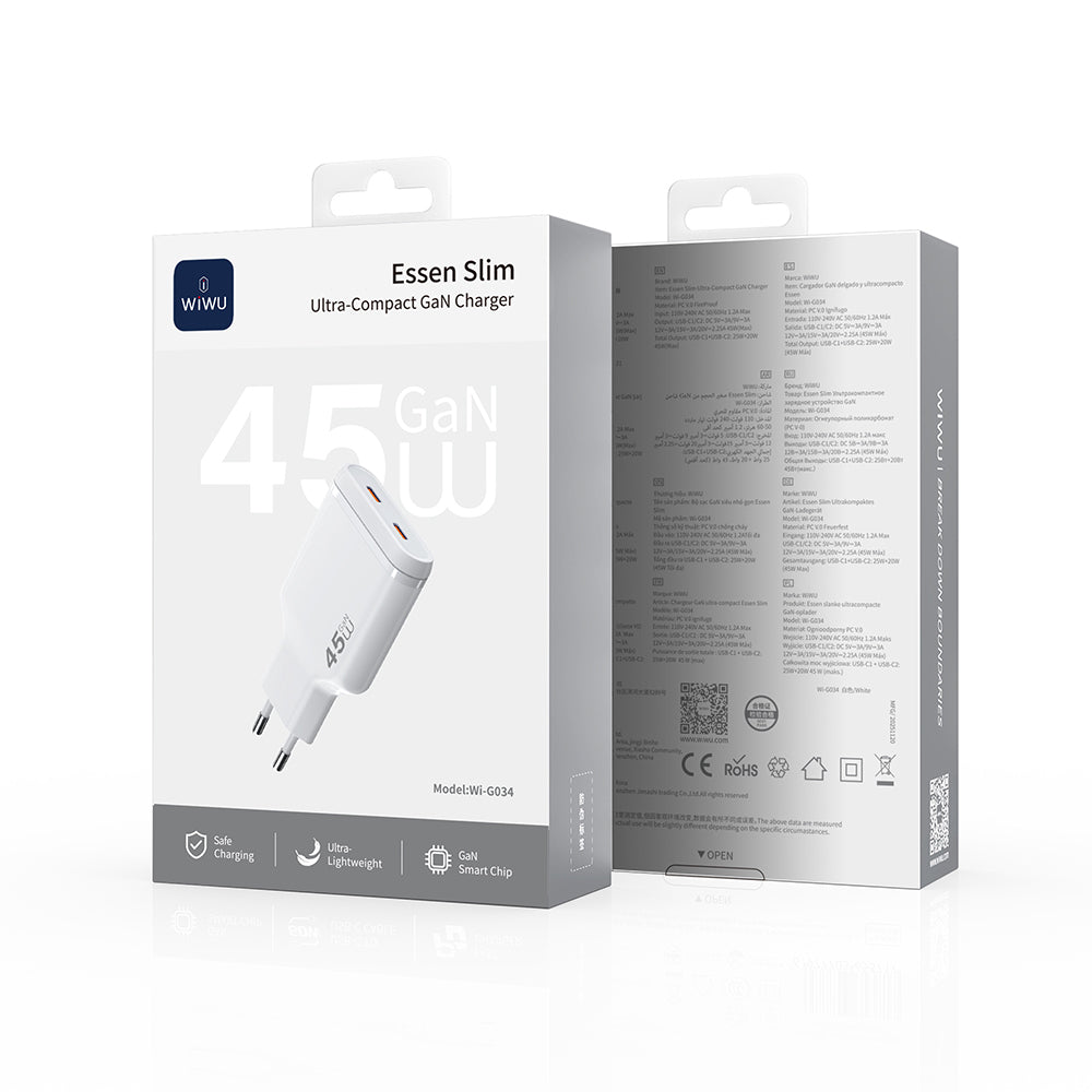 Wiwu Wi-G034 Essen Slim Serisi GaN Tech PD Hızlı Şarj Özellikli Şarj Başlığı 45W Beyaz