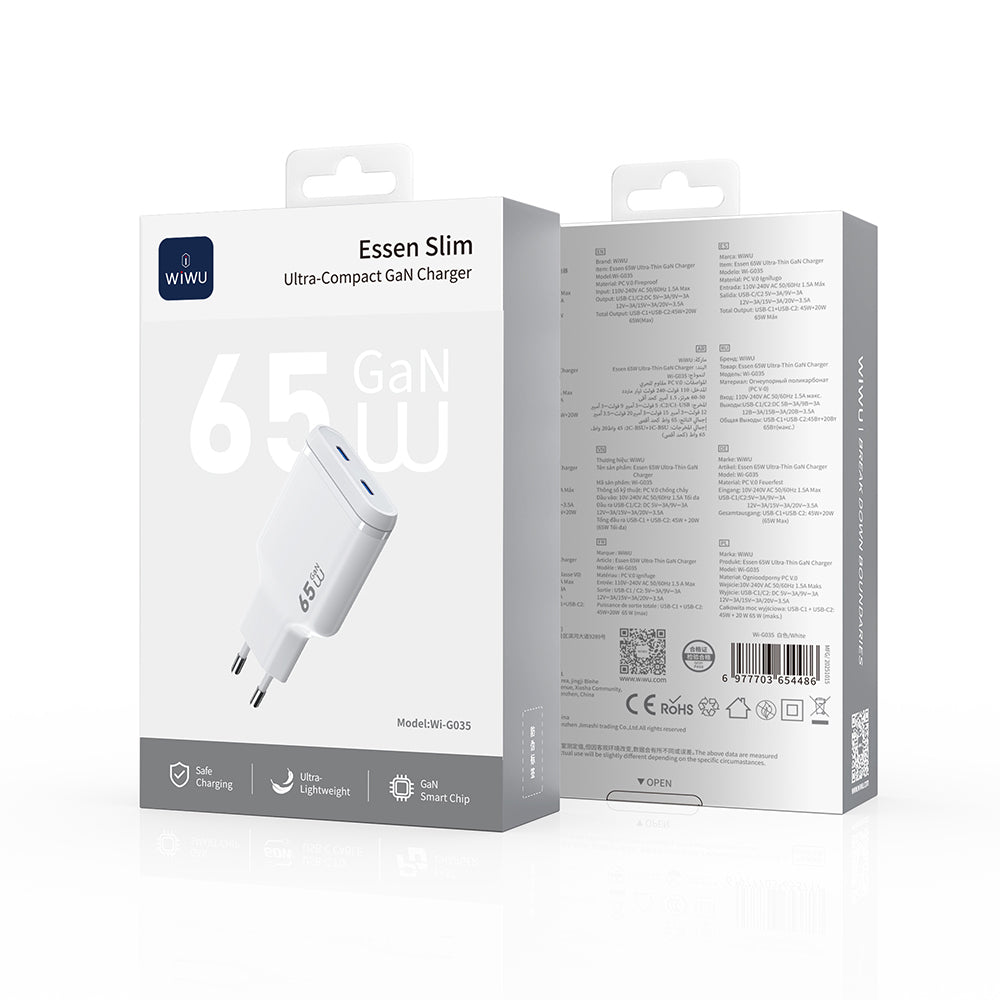 Wiwu Wi-G035 Essen Slim Serisi GaN Tech PD Hızlı Şarj Özellikli Şarj Başlığı 65W Beyaz