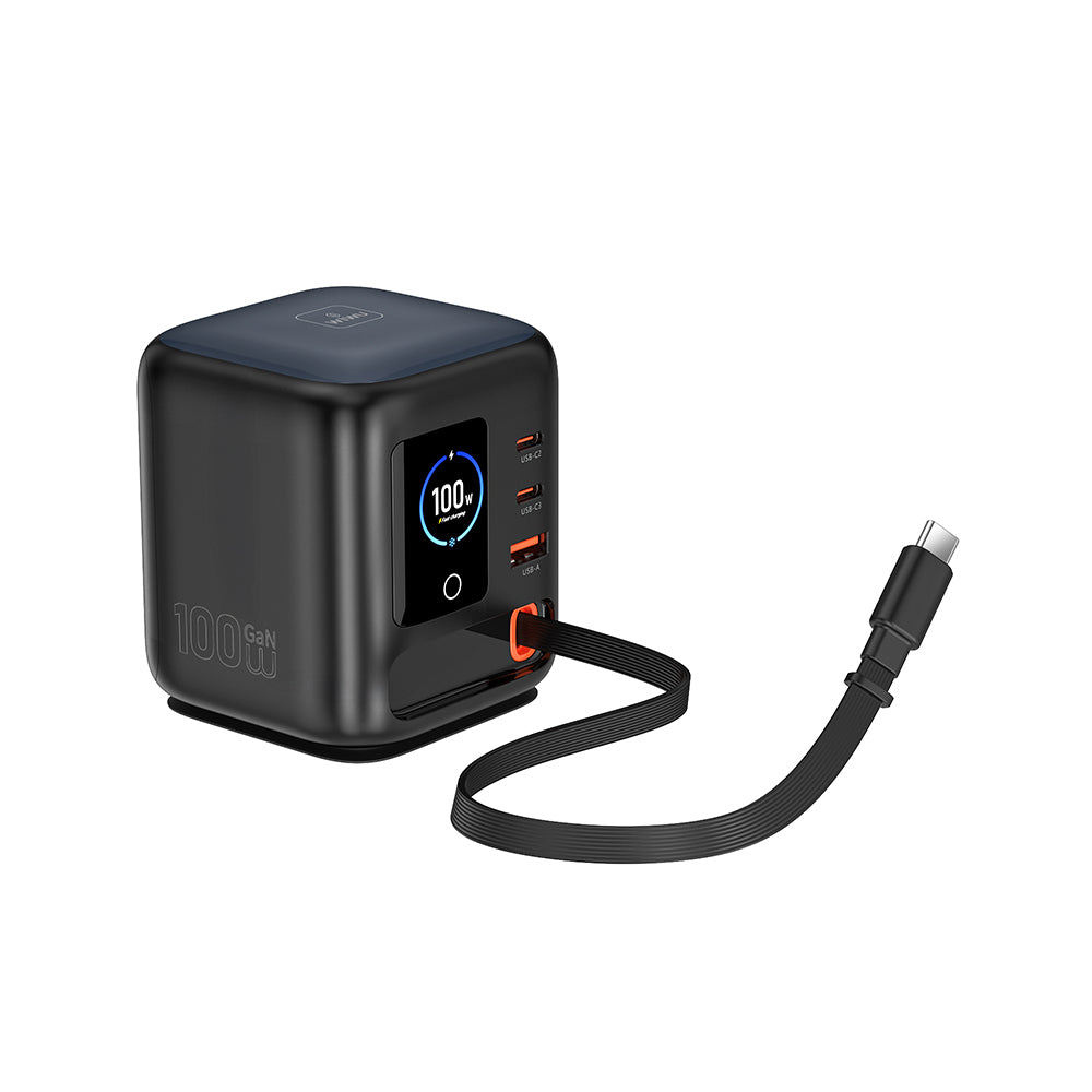 Wiwu Wi-G039 GaN Teknolojili Type-C Kablolu 4 Portlu Masaüstü Şarj İstasyonu 100W Siyah