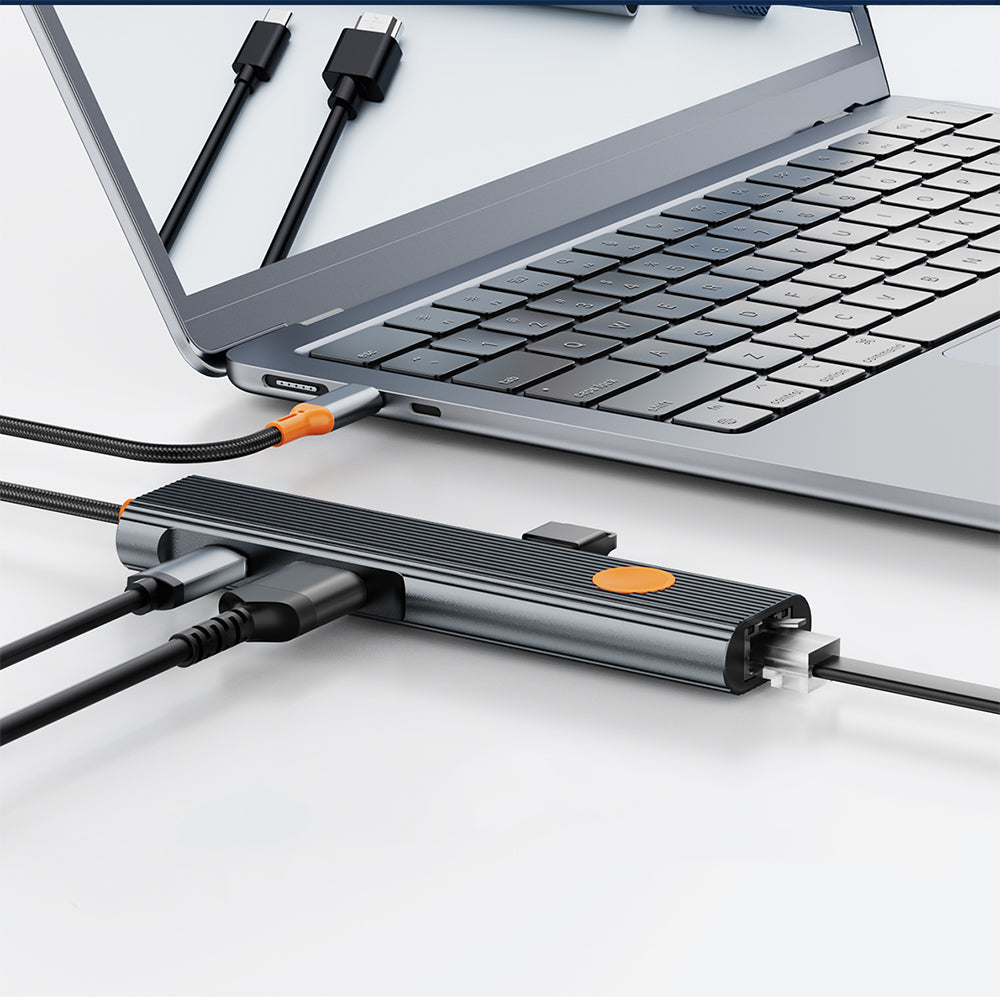 Wiwu Wi-HB005 Travel Serisi 5in1 HDMI (4K@60Hz) Girişli + RJ45 + 100W PD Type-C Hub Bağlantı İstasyonu Gri