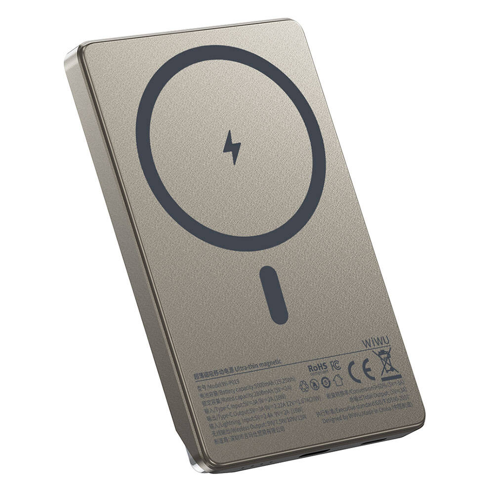 Wiwu Wi-P019 Ultra-Thin Explore Serisi Led Göstergeli Wireless Magsafe Powerbank 15W 5000mAh Titanyum-Gold