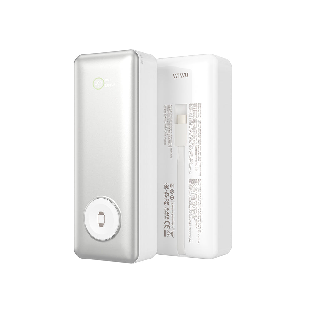 Wiwu Wi-P023 Elite Serisi Dijital LED Göstergeli Akıllı Saat Kablosuz Şarj Özellikli Taşınabilir Powerbank 20000mAh 145W Gümüş