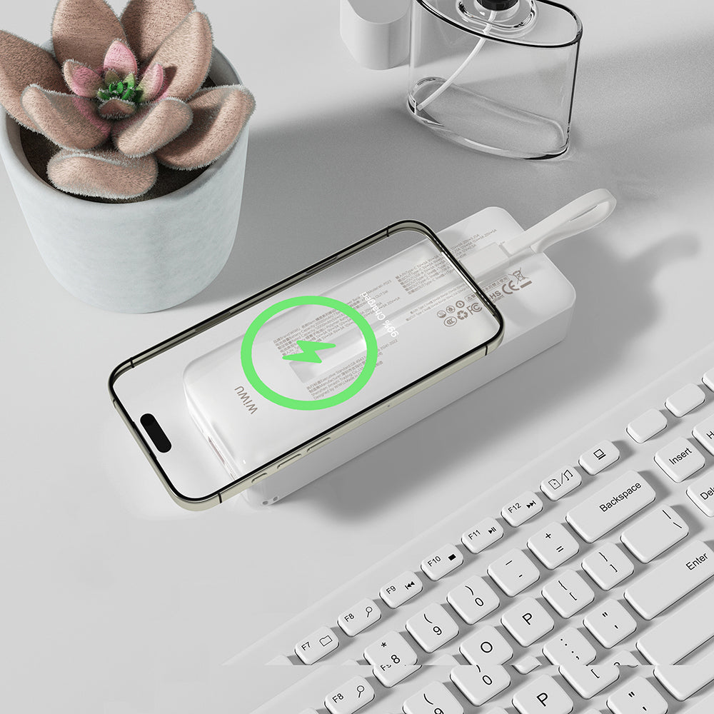 Wiwu Wi-P023 Elite Serisi Dijital LED Göstergeli Akıllı Saat Kablosuz Şarj Özellikli Taşınabilir Powerbank 20000mAh 145W Gümüş