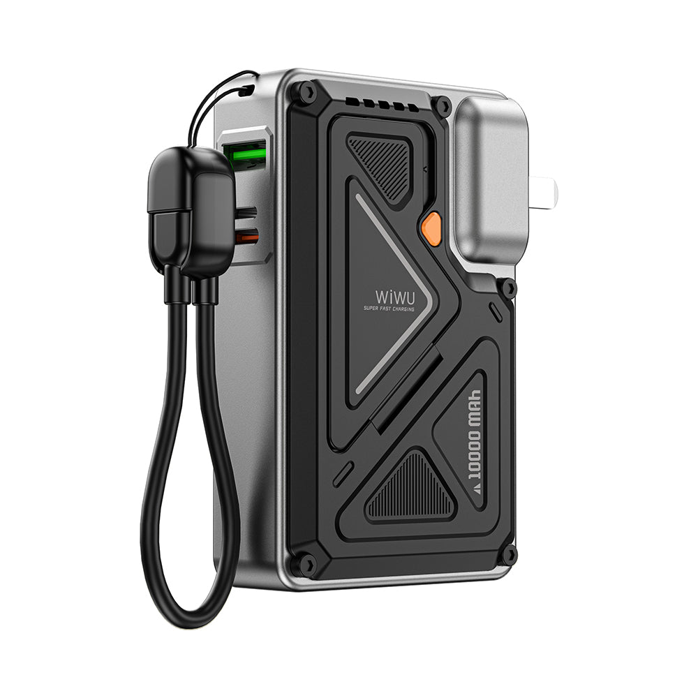 Wiwu Wi-P057 Knight Serisi Taşınabilir Wireless Type-C ve Lightning Kablolu Standlı PD Powerbank 35W 10000mAh Siyah