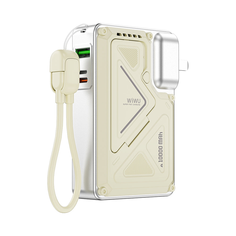 Wiwu Wi-P057 Knight Serisi Taşınabilir Wireless Type-C ve Lightning Kablolu Standlı PD Powerbank 35W 10000mAh Beyaz